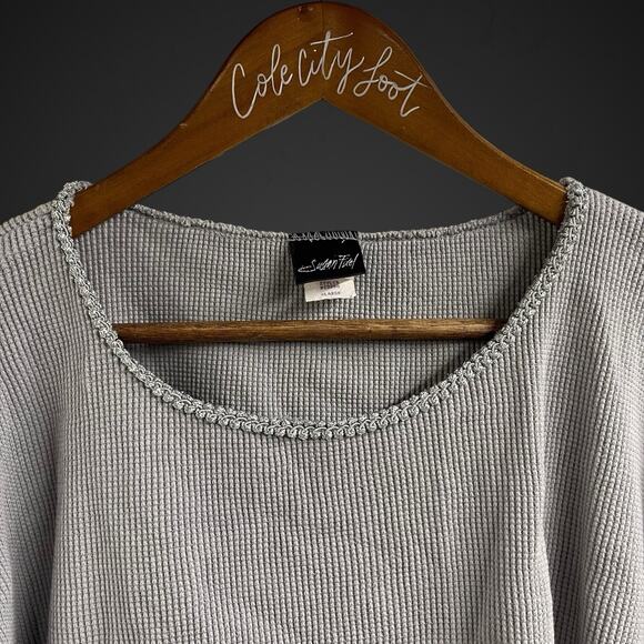 Susan Fixel Top Gray Waffle Knit Boxy Crop Large Vintage Lettuce Hem - Picture 2 of 6